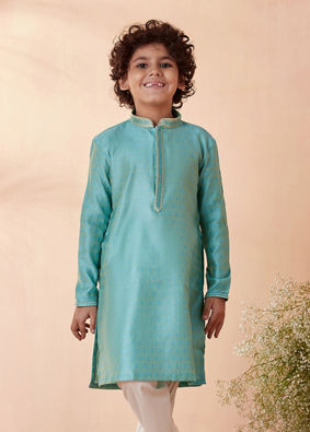 Boys Jade Blue Jacquard Kurta Set image number 3