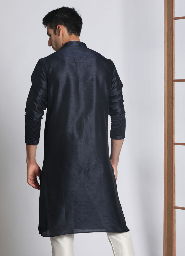 Manyavar Men Navy Blue Self Design Kurta Pajama