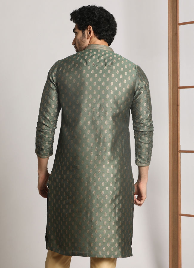 Manyavar Men Bottle Green Festive Kurta With Golden Motifs