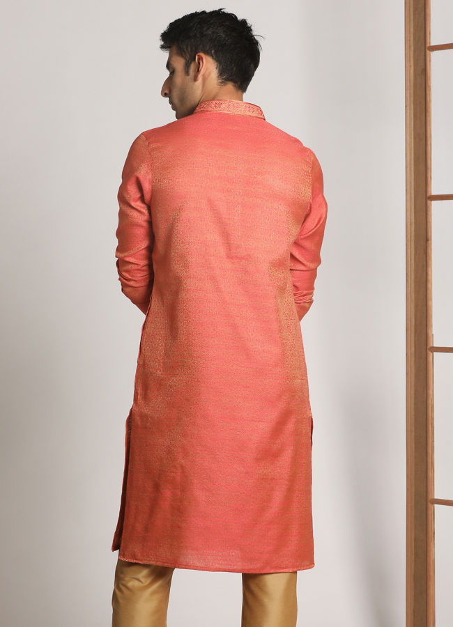 Manyavar Men Rust Pink Self Design Kurta Set