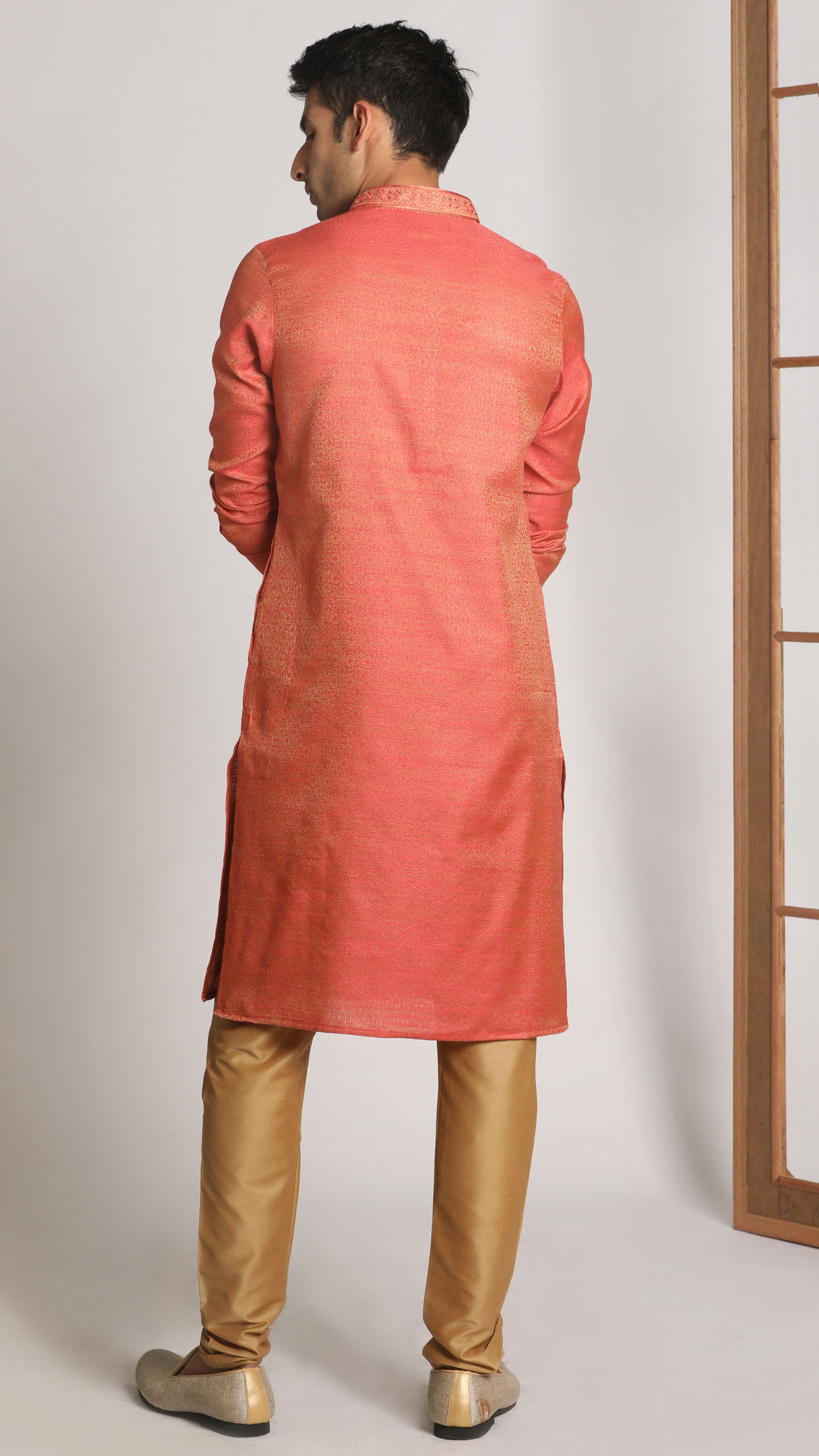 Manyavar Men Rust Pink Self Design Kurta Set