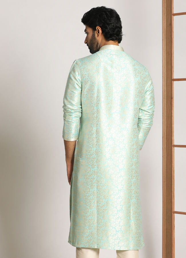 Manyavar Men Pale Blue Kurta Pajama With Floral Motifs