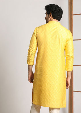 alt message - Manyavar Men Canary Yellow Self Design Kurta Pajama image number 2