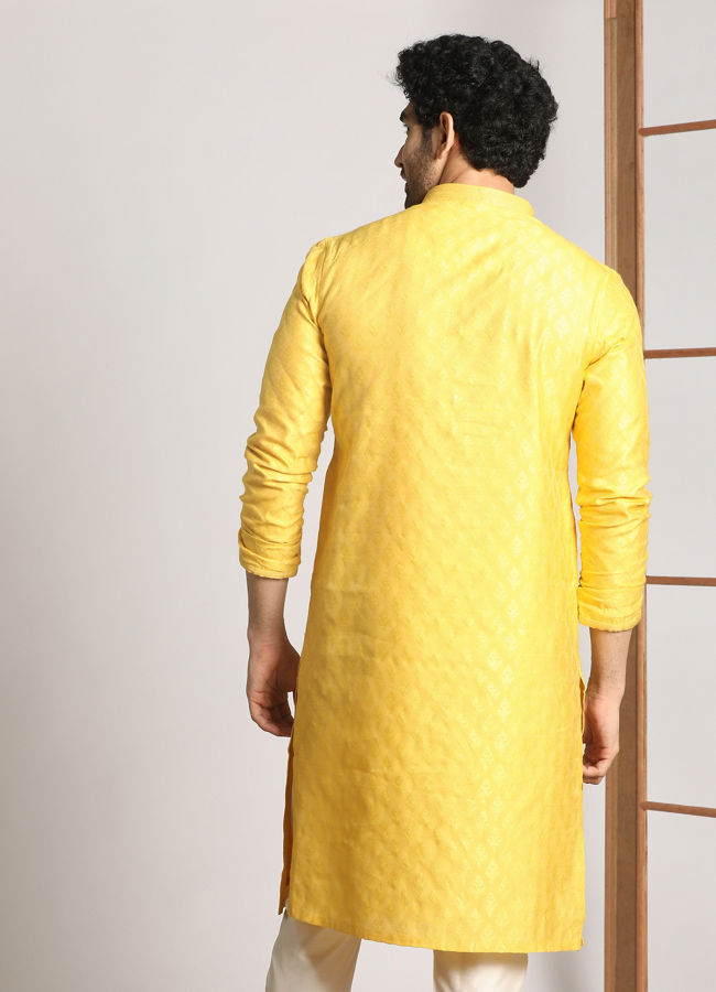 alt message - Manyavar Men Canary Yellow Self Design Kurta Pajama image number 2