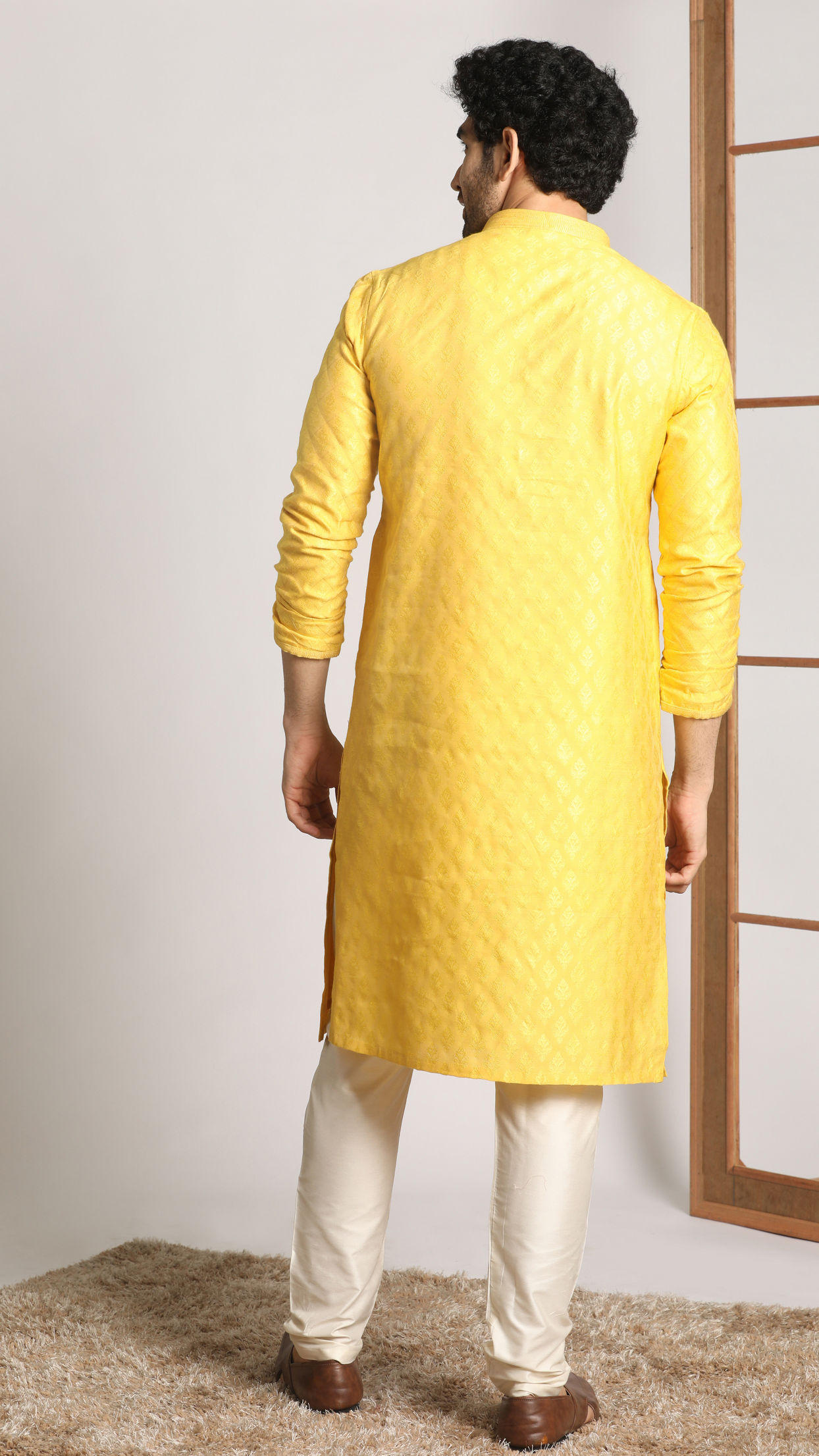 alt message - Manyavar Men Canary Yellow Self Design Kurta Pajama image number 2