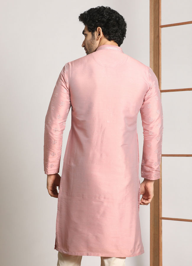 Manyavar Men Light Pink Festive Kurta Pajama With Embroidery Work