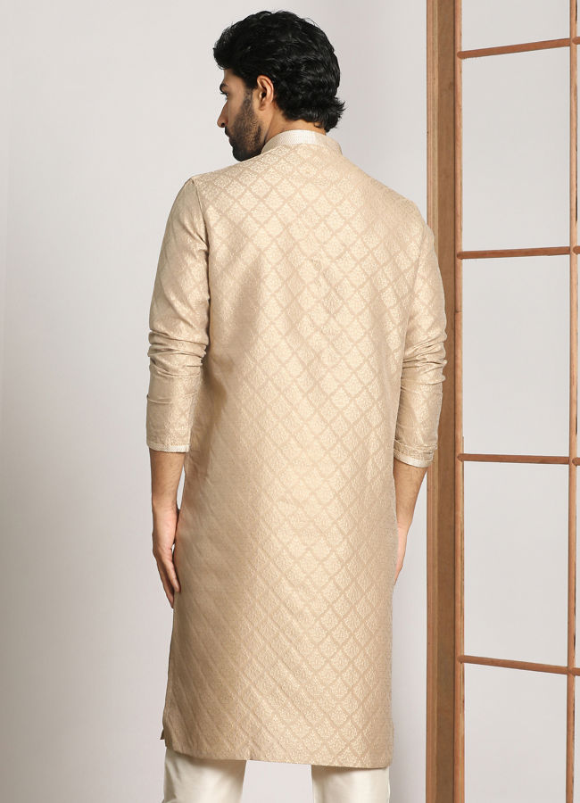 alt message - Manyavar Men Light Taupe Self Embossed Kurta Set image number 2