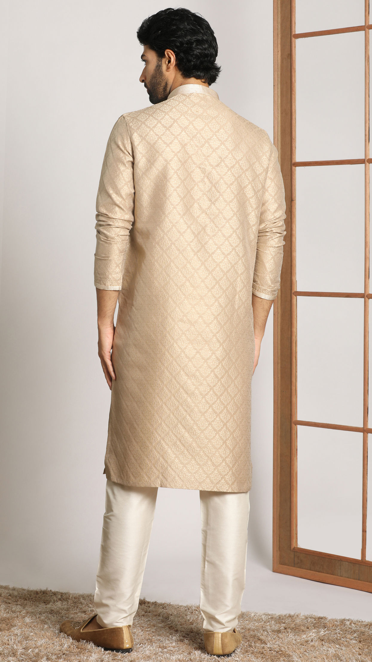 alt message - Manyavar Men Light Taupe Self Embossed Kurta Set image number 2