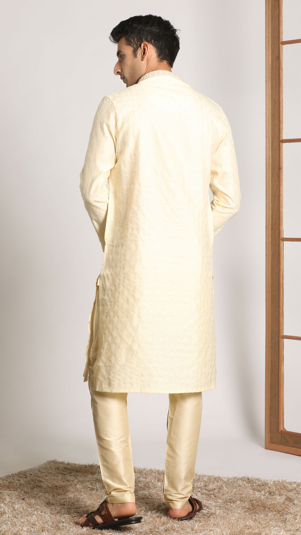 Manyavar Men Cream Self Design Occasion Wear Kurta Pajama