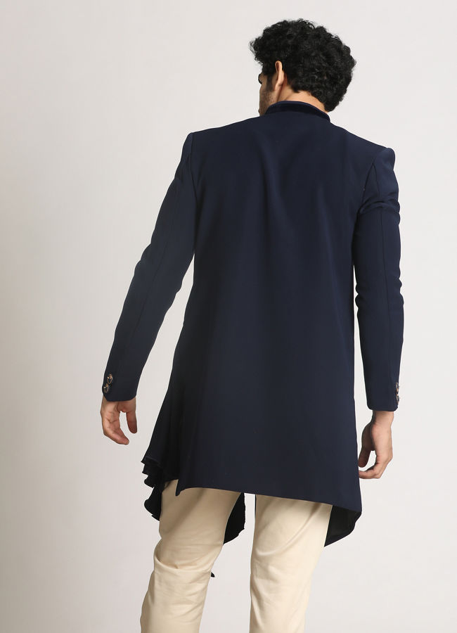 alt message - Manyavar Men Navy Blue Draped Indo Western image number 2