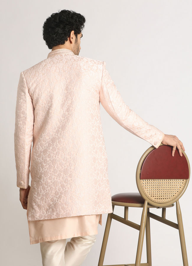 Manyavar Men Powder Pink Self Design Indo Western image number 2