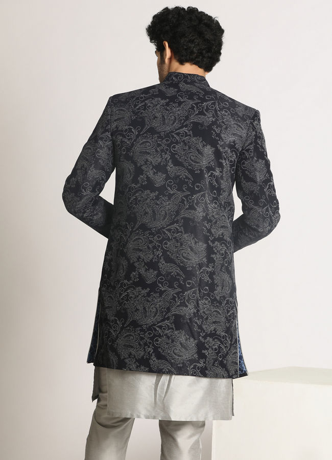 Manyavar Men Dark Blue Indo Western With Grey Pattern