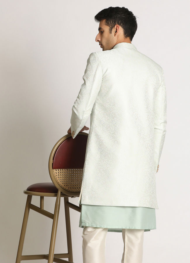 Manyavar Men Aqua Green Self Design Indo Western