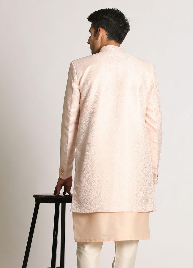 Manyavar Men Pastel Pink Self Design Indo Western