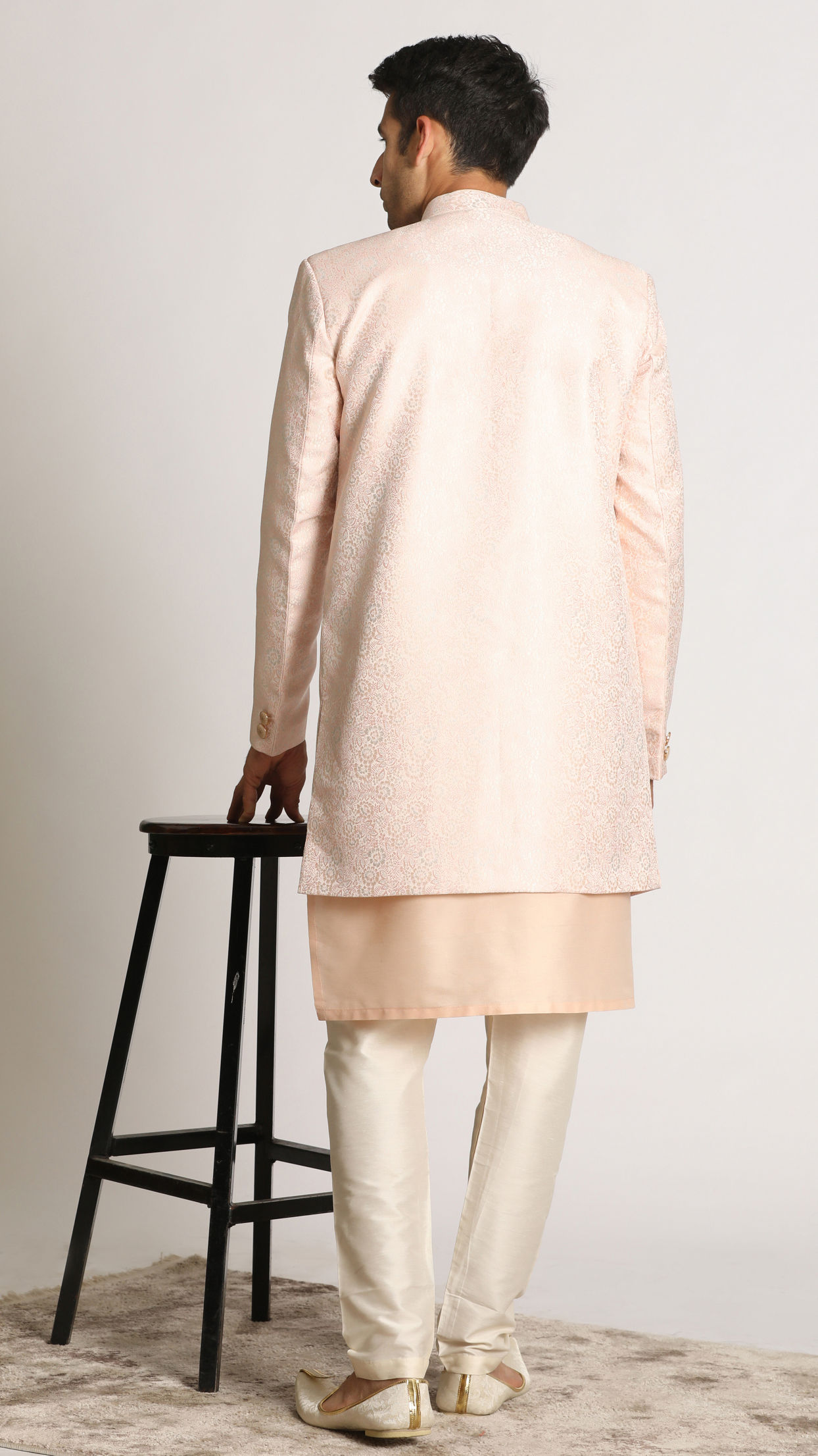 Manyavar Men Pastel Pink Self Design Indo Western