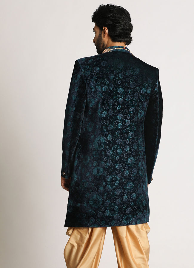 Manyavar Men Teal Green Velvet Indo Western