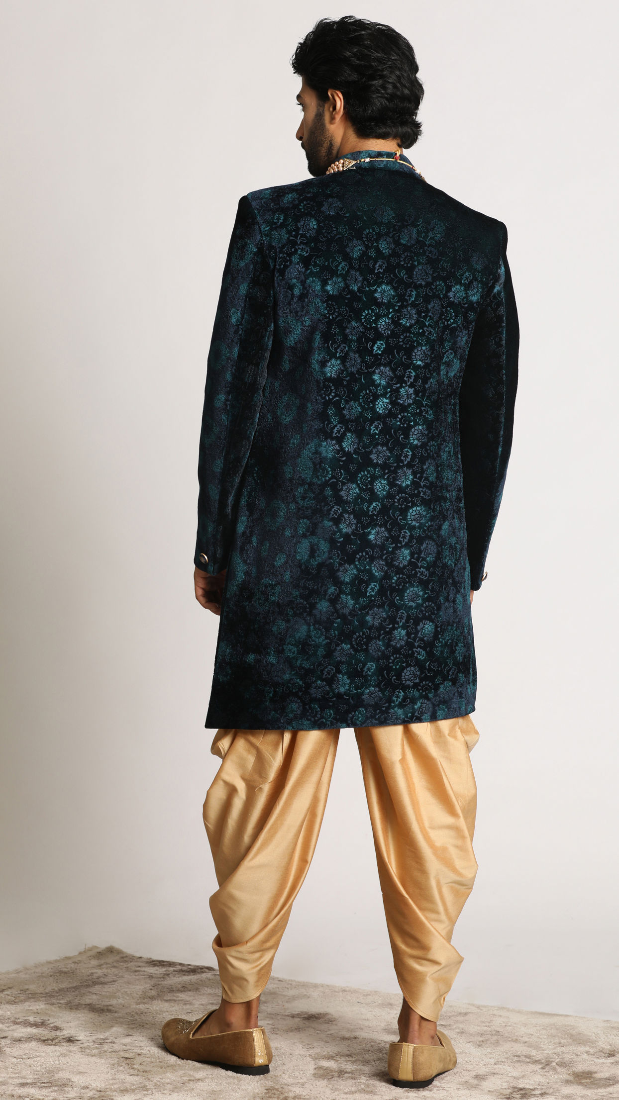 Manyavar Men Teal Green Velvet Indo Western