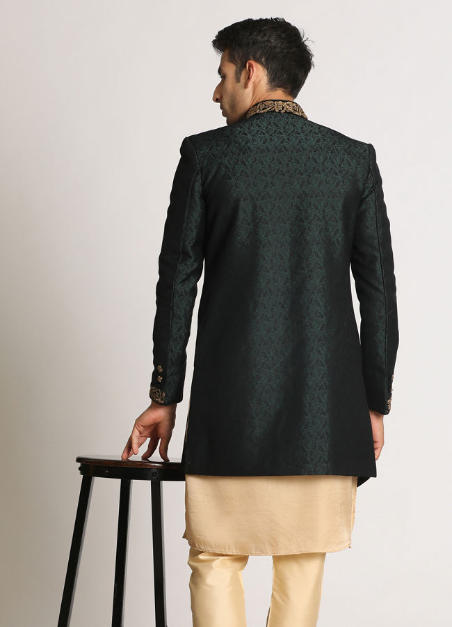 alt message - Manyavar Men Bottle Green Paisley Indo Western image number 2