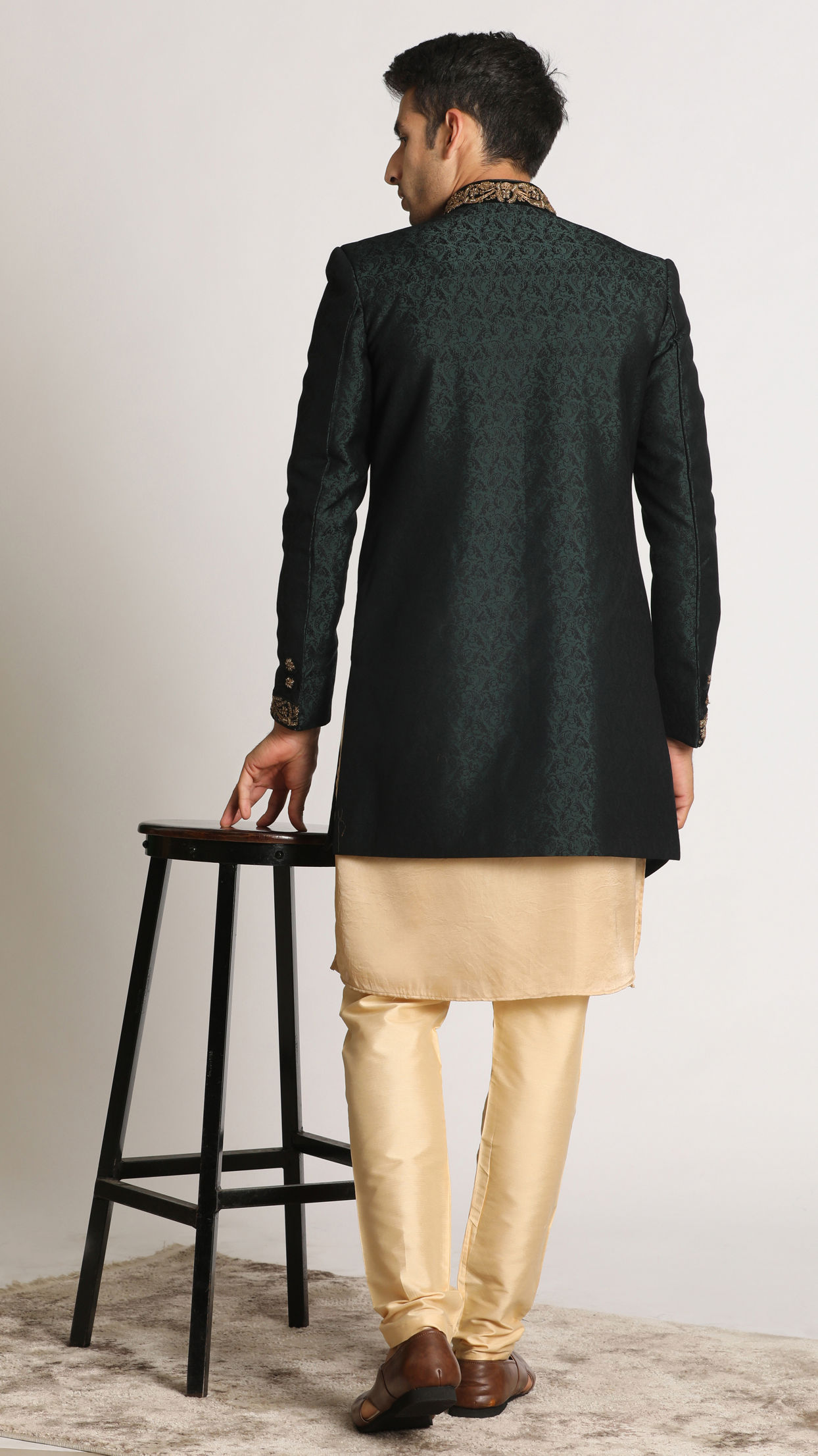 Manyavar Men Bottle Green Paisley Indo Western
