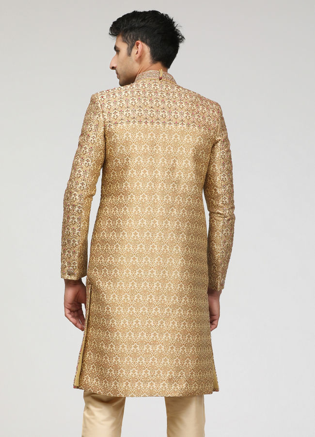 alt message - Manyavar Men Fawn Sherwani With Heavy Embroidery Work image number 2