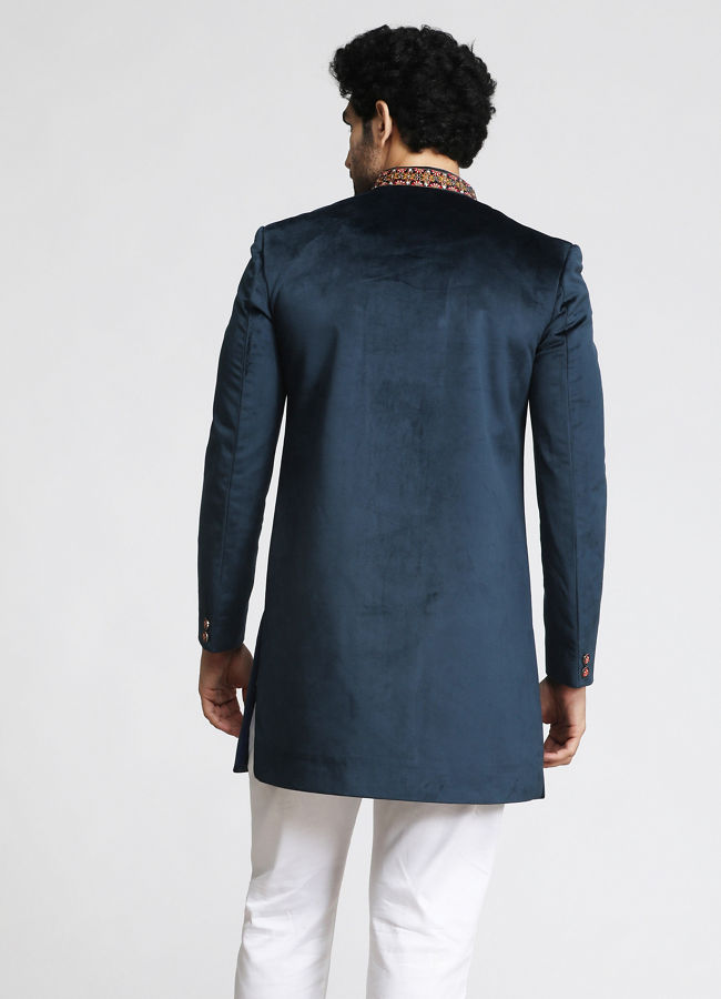Manyavar Men Electric Blue Velvet Indo Western