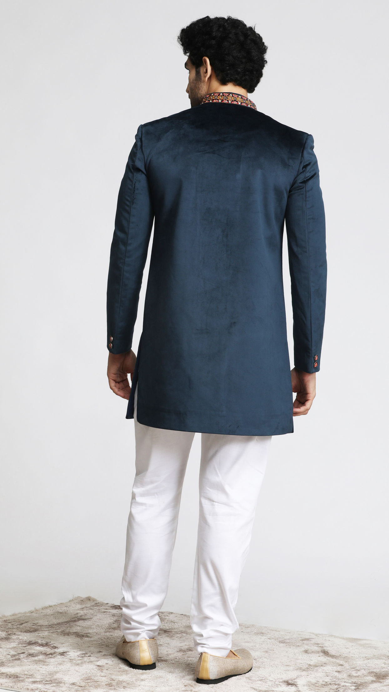 Manyavar Men Electric Blue Velvet Indo Western