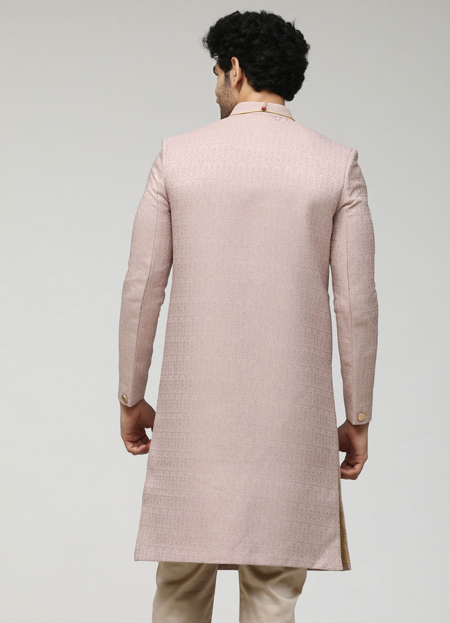 Salmon Pink Self Design Sherwani image number 2