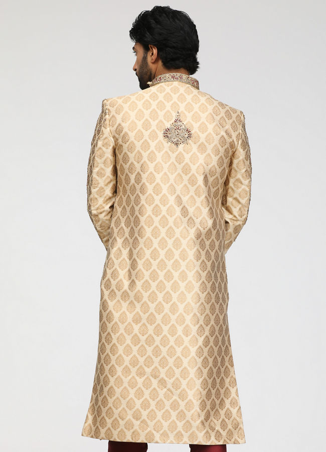 Manyavar Men Embellished Fawn Patterned Sherwani