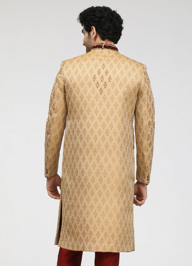 Manyavar Men Beige Jacquard Sherwani Set