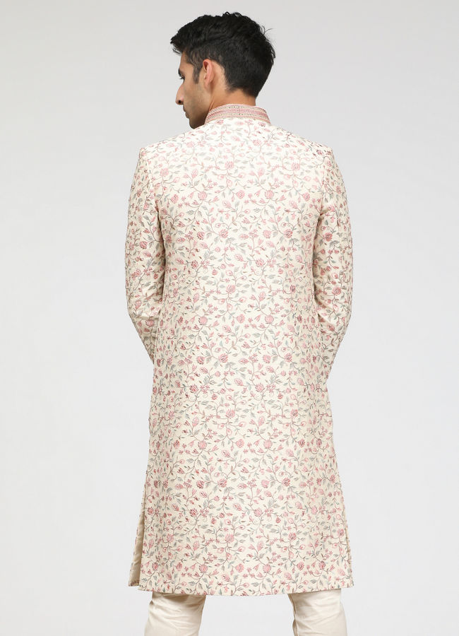 Ivory Cream Sherwani with Floral Motifs image number 2
