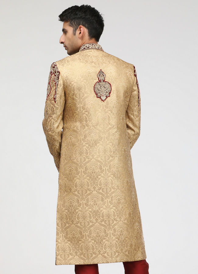 alt message - Manyavar Men Exquisitely Detailed Fawn Sherwani image number 2