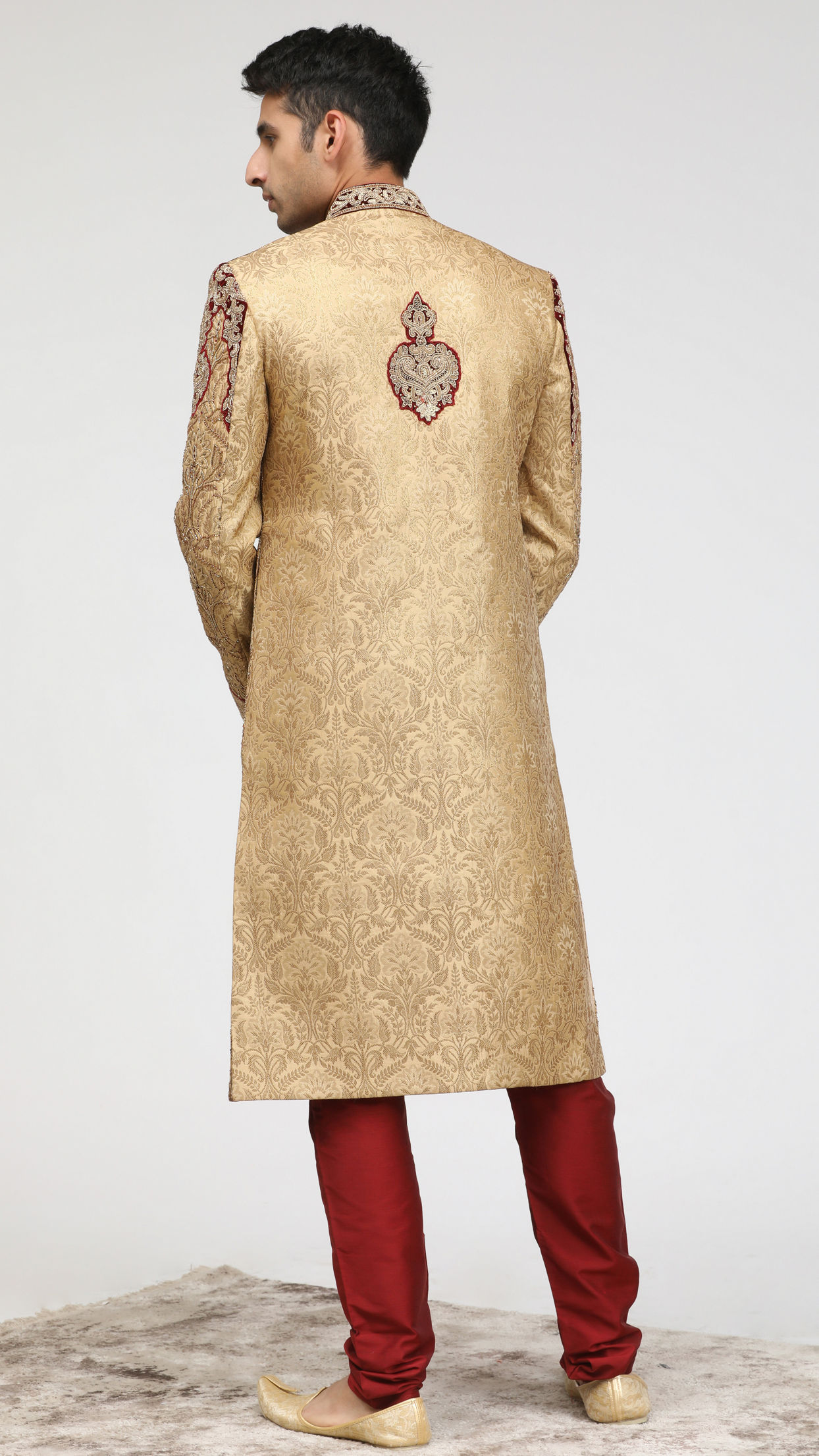 alt message - Manyavar Men Exquisitely Detailed Fawn Sherwani image number 2