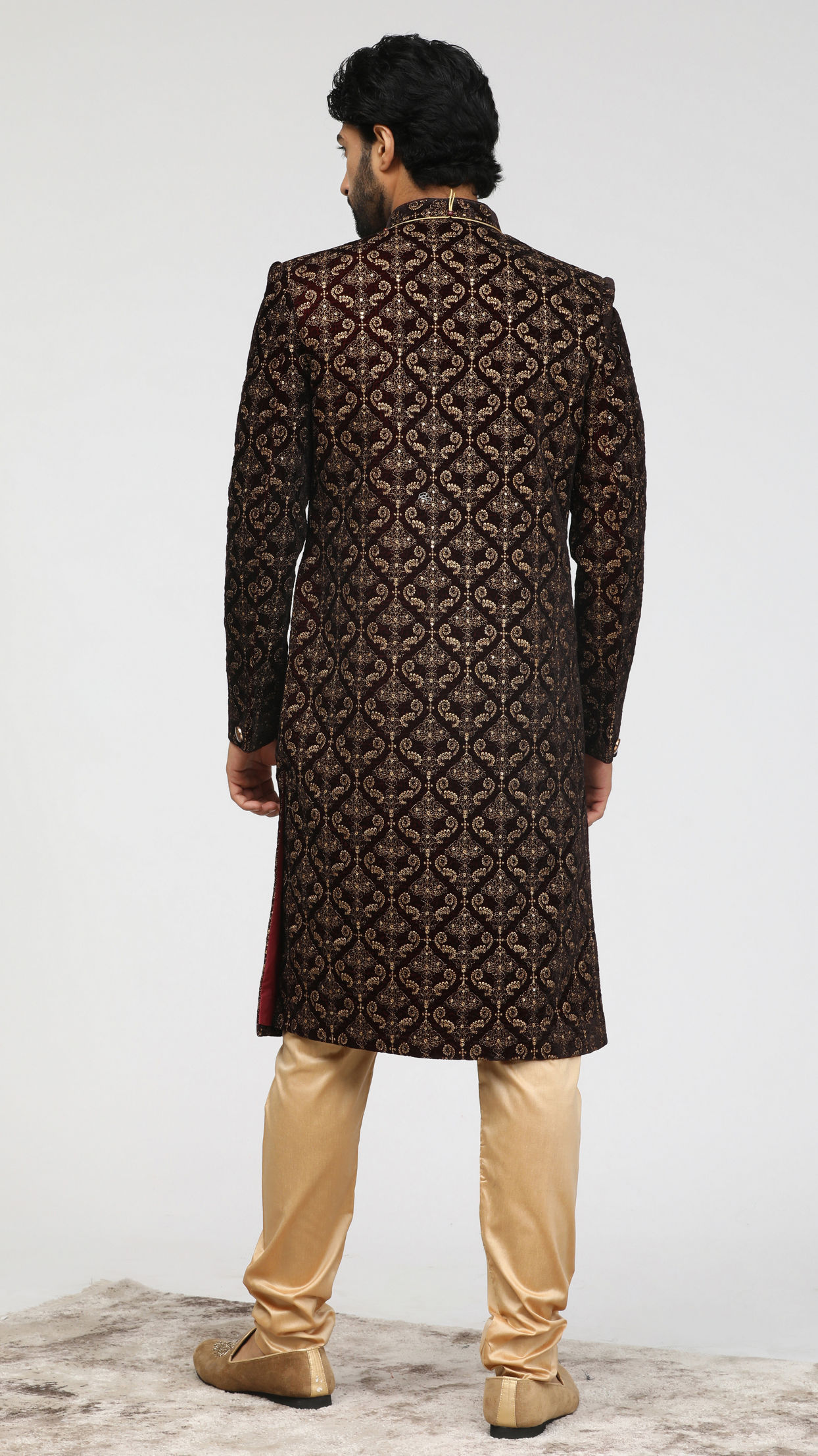 Manyavar Men Maroon Velvet Embroidered Sherwani