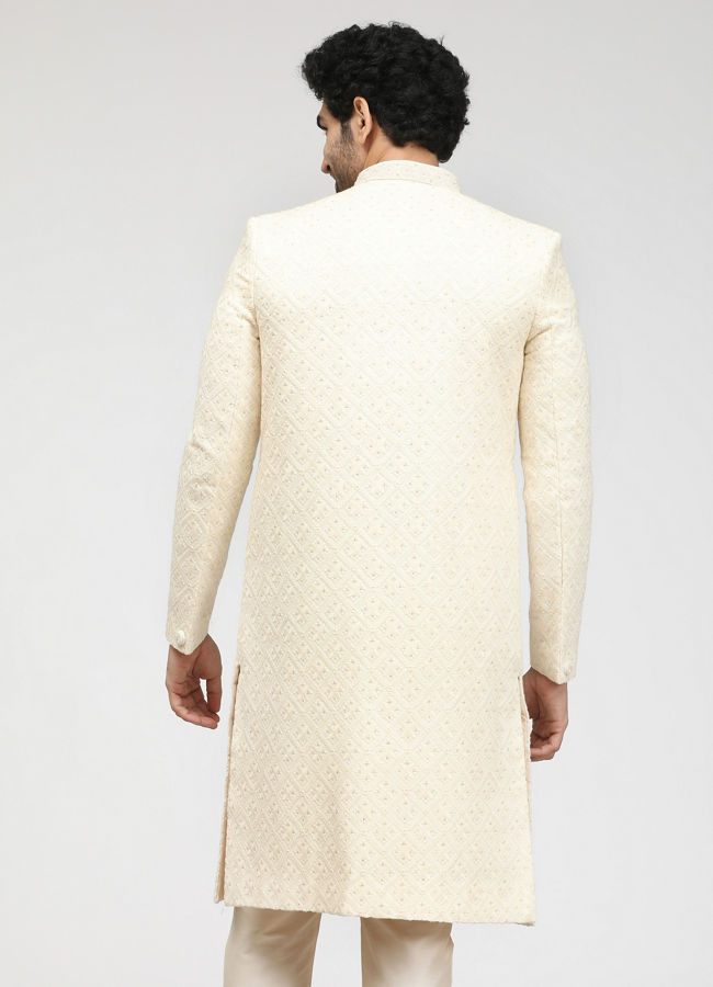 Manyavar Men Pristine White Self Design Sherwani