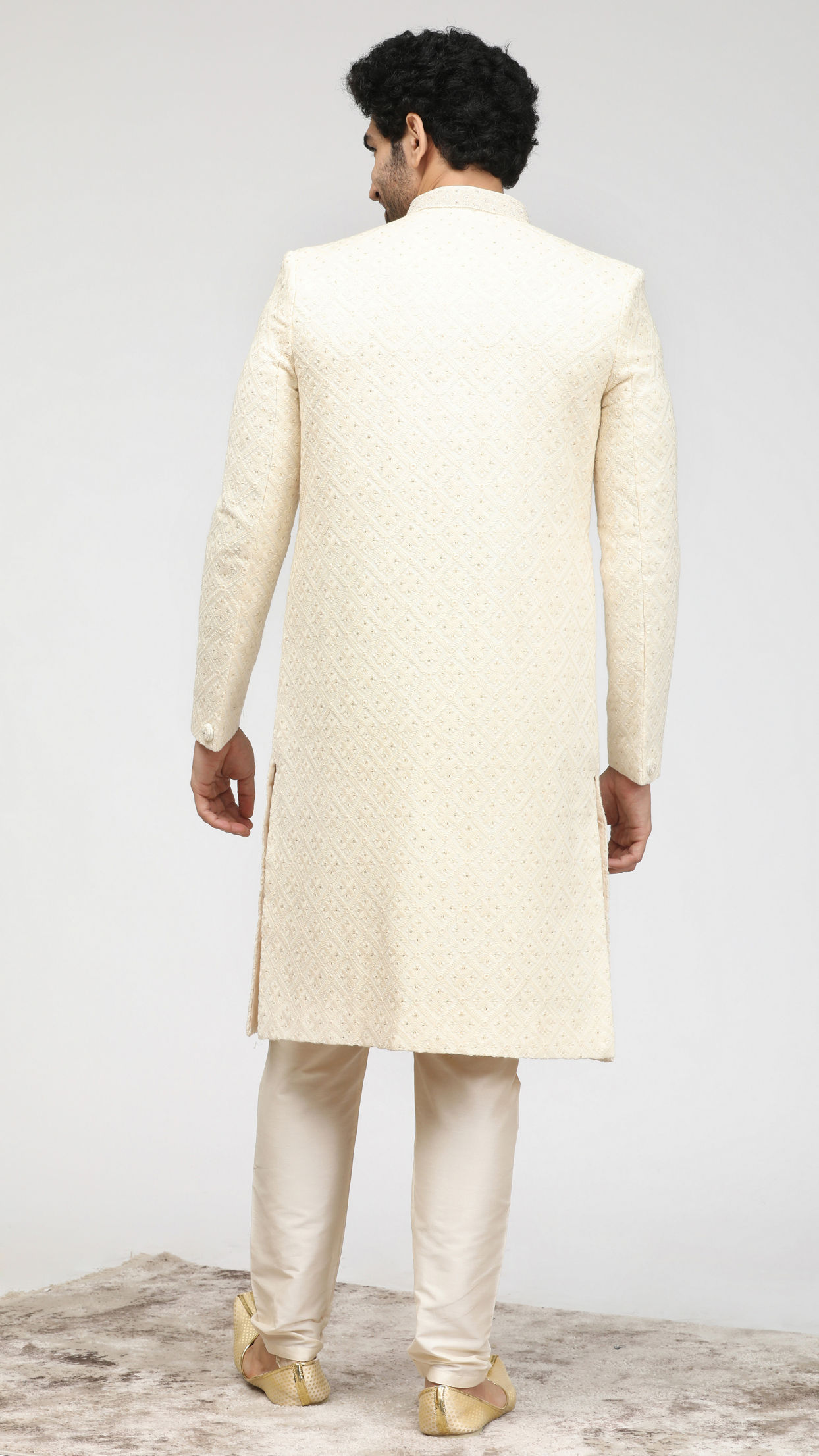 Pristine White Self Design Sherwani image number 2