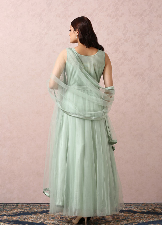 Mohey Women Pista Green Embellished Gown With Dupatta