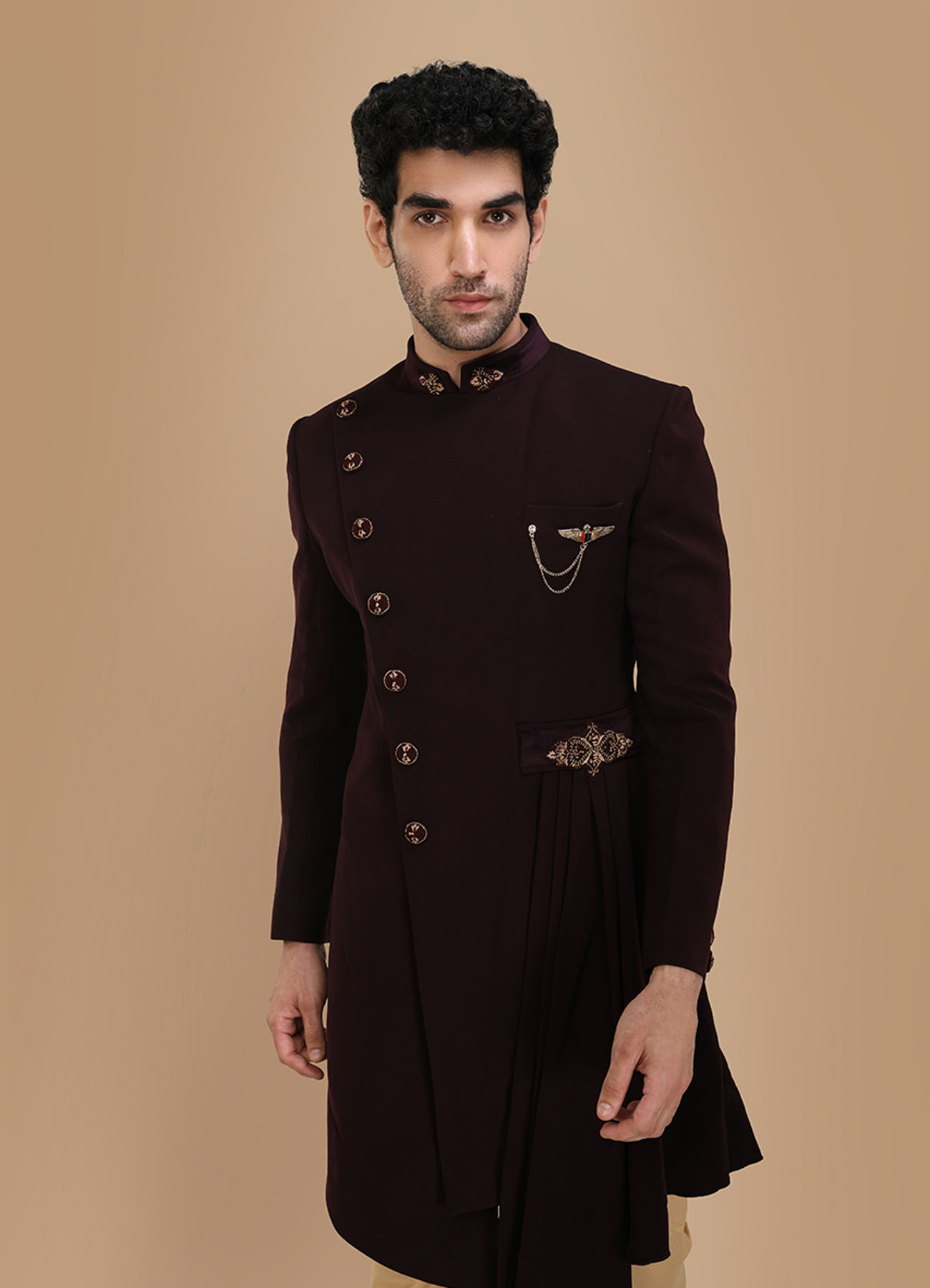 Manyavar Men Sublime Wine Indo Western Set