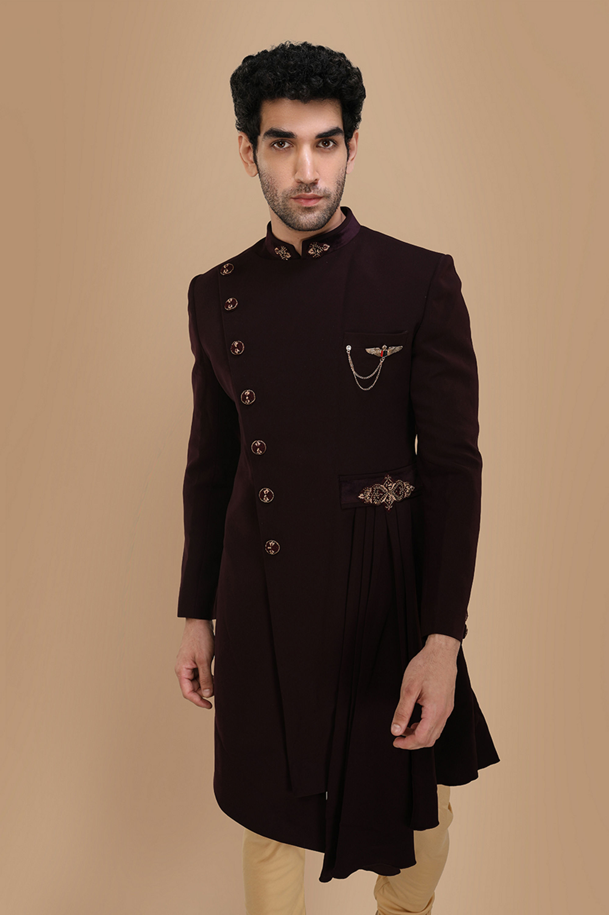 Manyavar Men Sublime Wine Indo Western Set