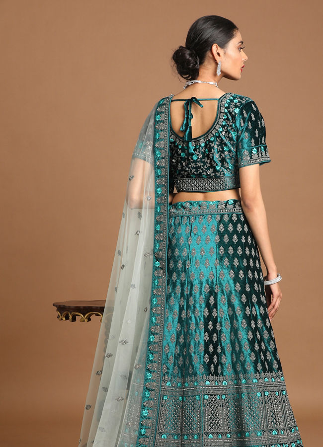 Mohey Women Sea Green Velvet Bridal Lehenga