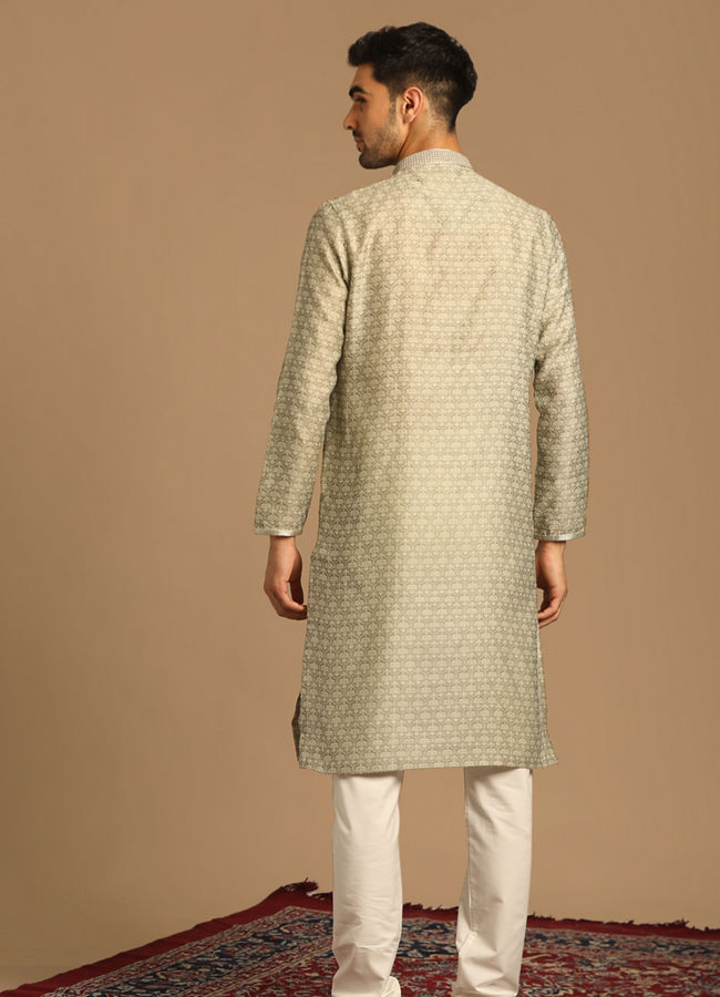 Manyavar Men Smoke Grey Self Design Kurta Set