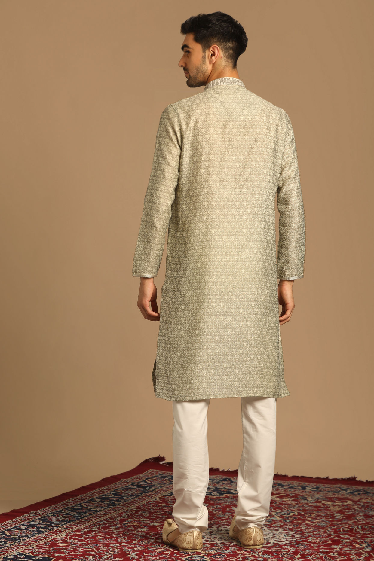 Manyavar Men Smoke Grey Self Design Kurta Set