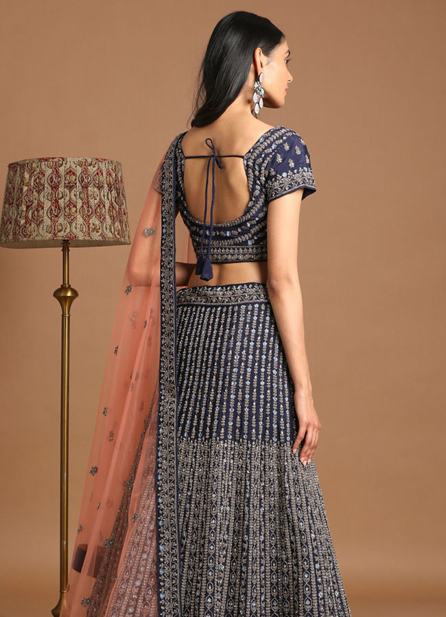 alt message - Mohey Women Chiffon Indigo Blue Lehenga image number 3