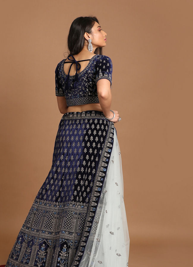 Mohey Women Indigo Blue Velvet Bridal Lehenga