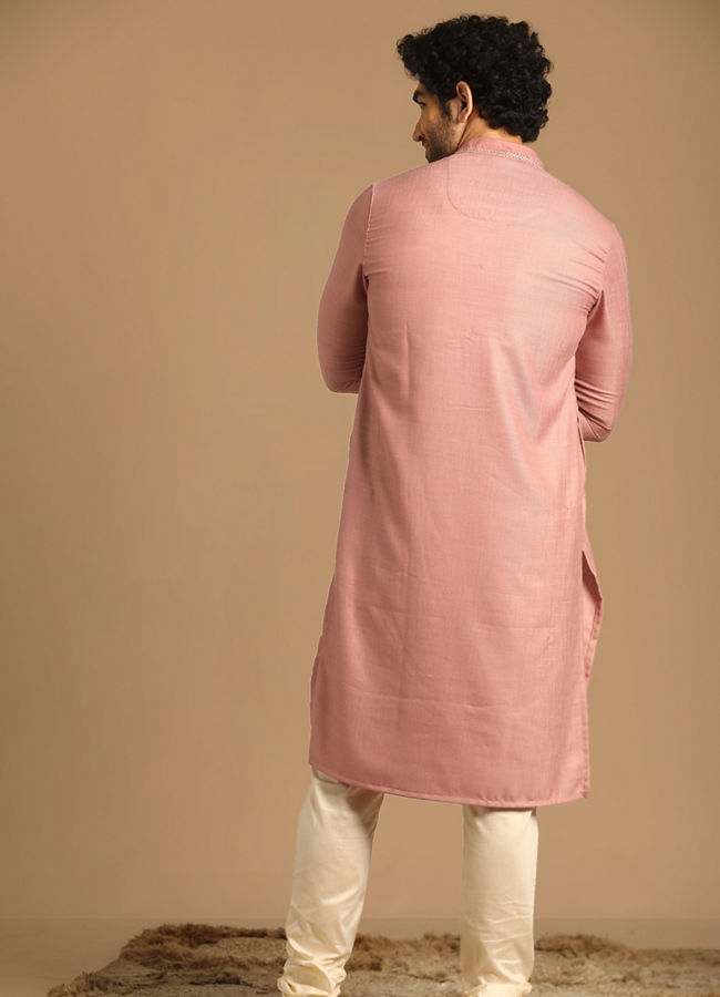 alt message - Manyavar Men Classy Pink Kurta Set image number 2