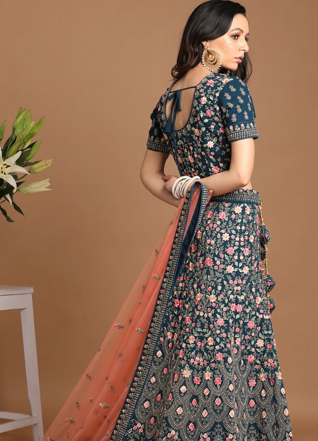 Mohey Women Teal Blue Embroidered Lehenga with Floral Motif