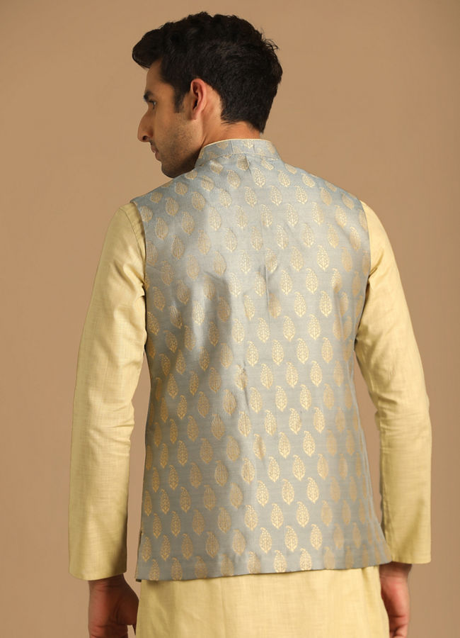 alt message - Manyavar Men Grey Jacket With Golden Motifs image number 2