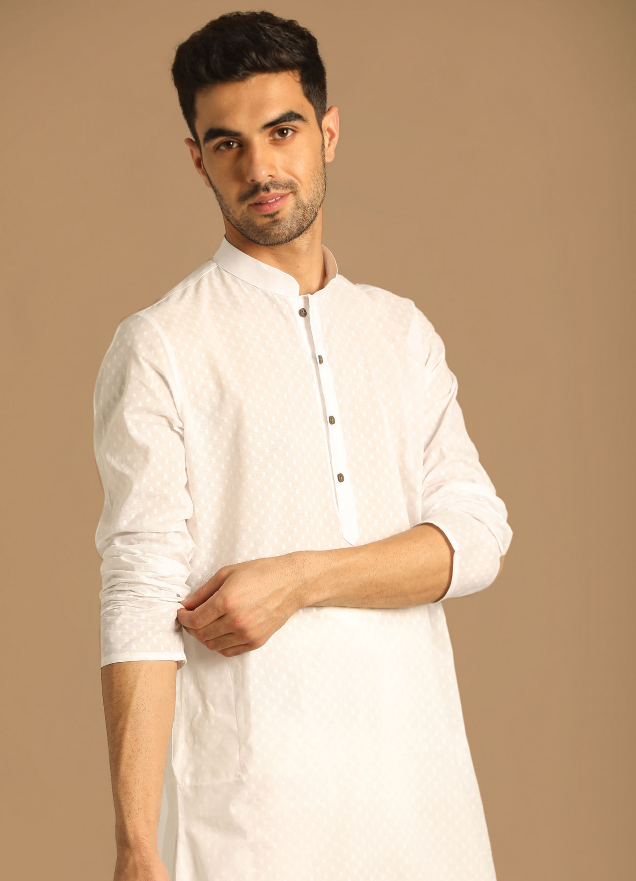 Manyavar Men White Self Booti Kurta Pajama