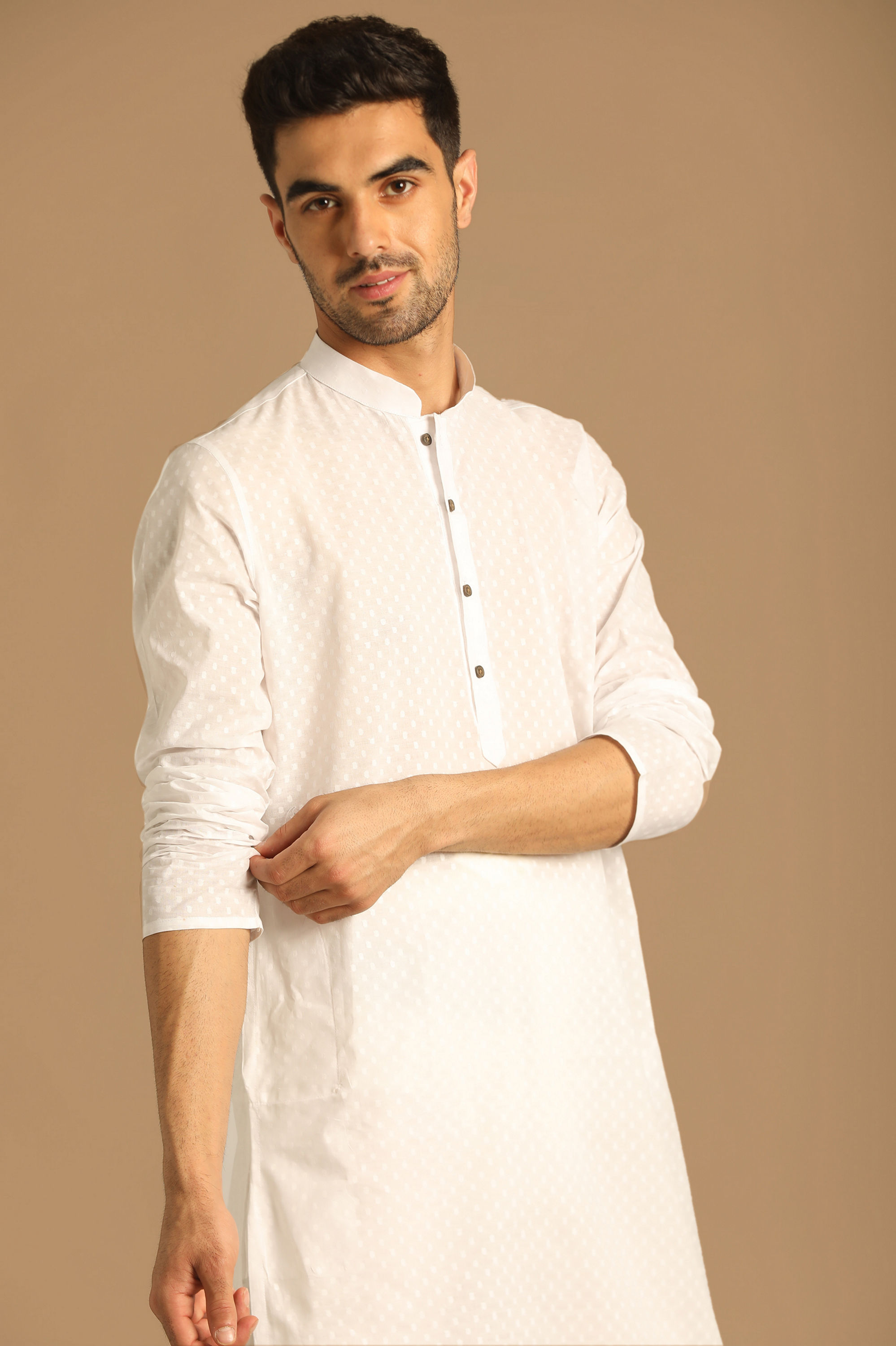 Manyavar Men White Self Booti Kurta Pajama