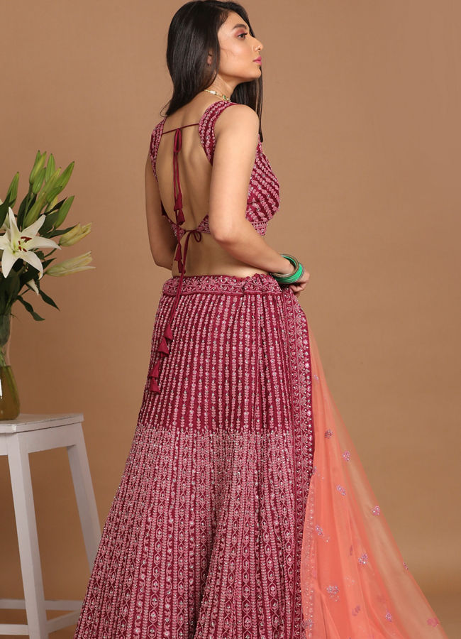 alt message - Mohey Women Chiffon Wine Red Lehenga image number 3