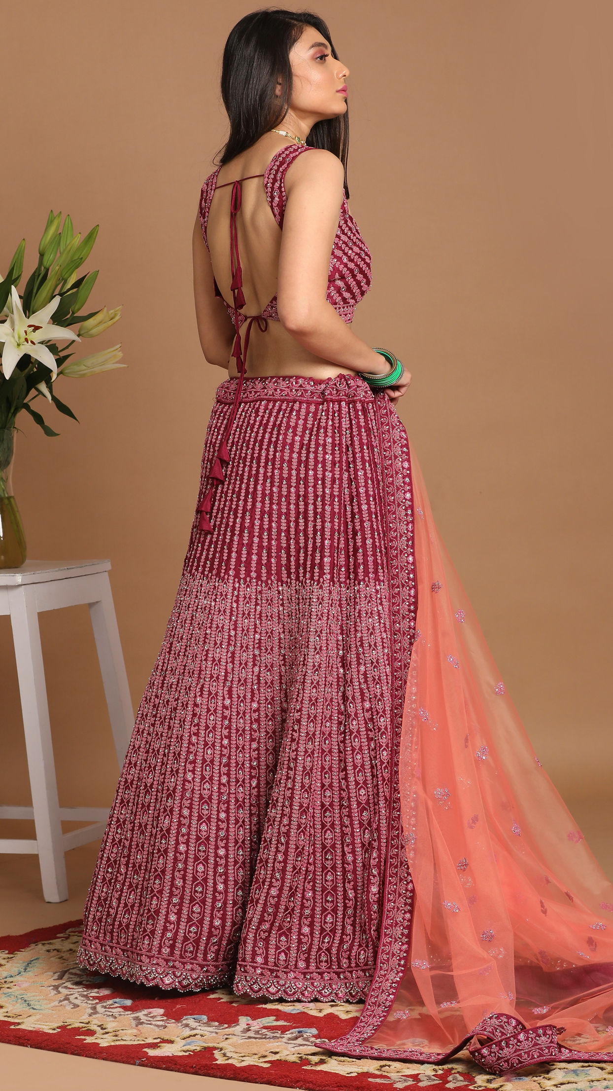 Chiffon Wine Red Lehenga image number 3